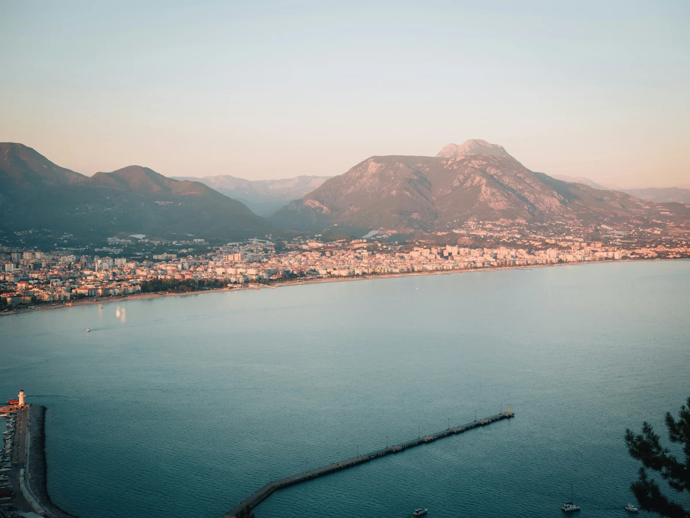 Panorama of Alanya bay with the Taurus mountains at sunrise