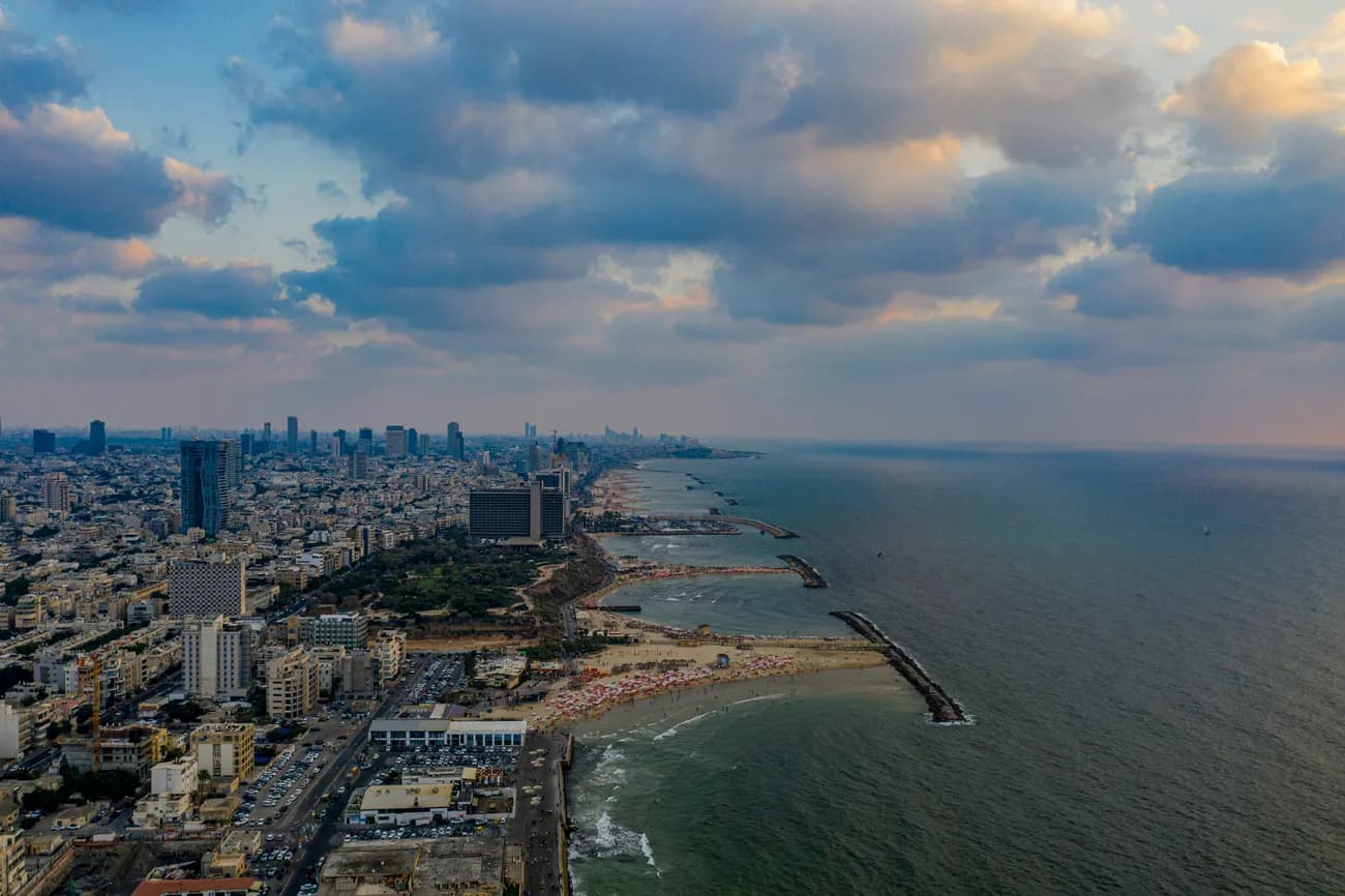Seaside town coastline at sunset